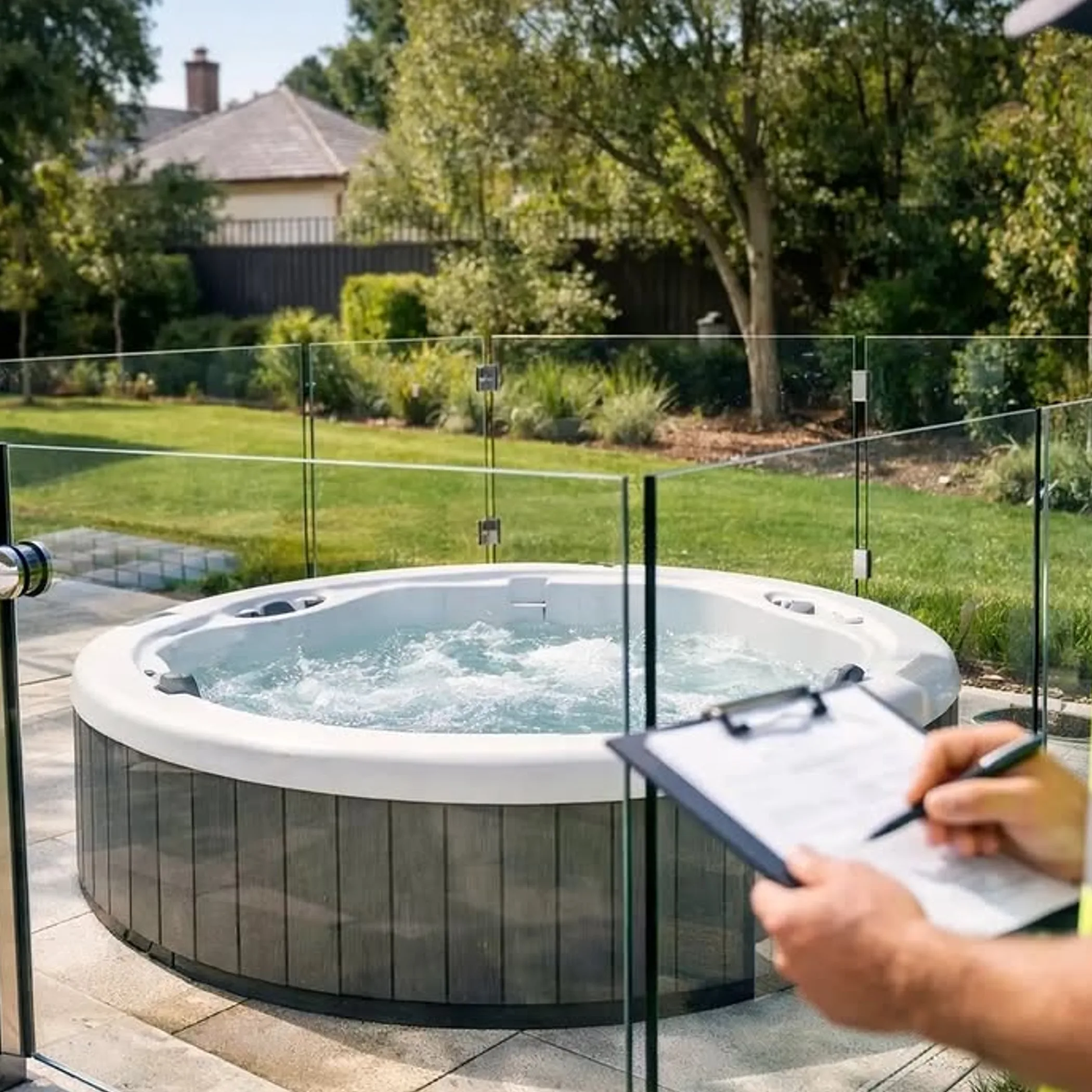 spa pool with glass safety fencing