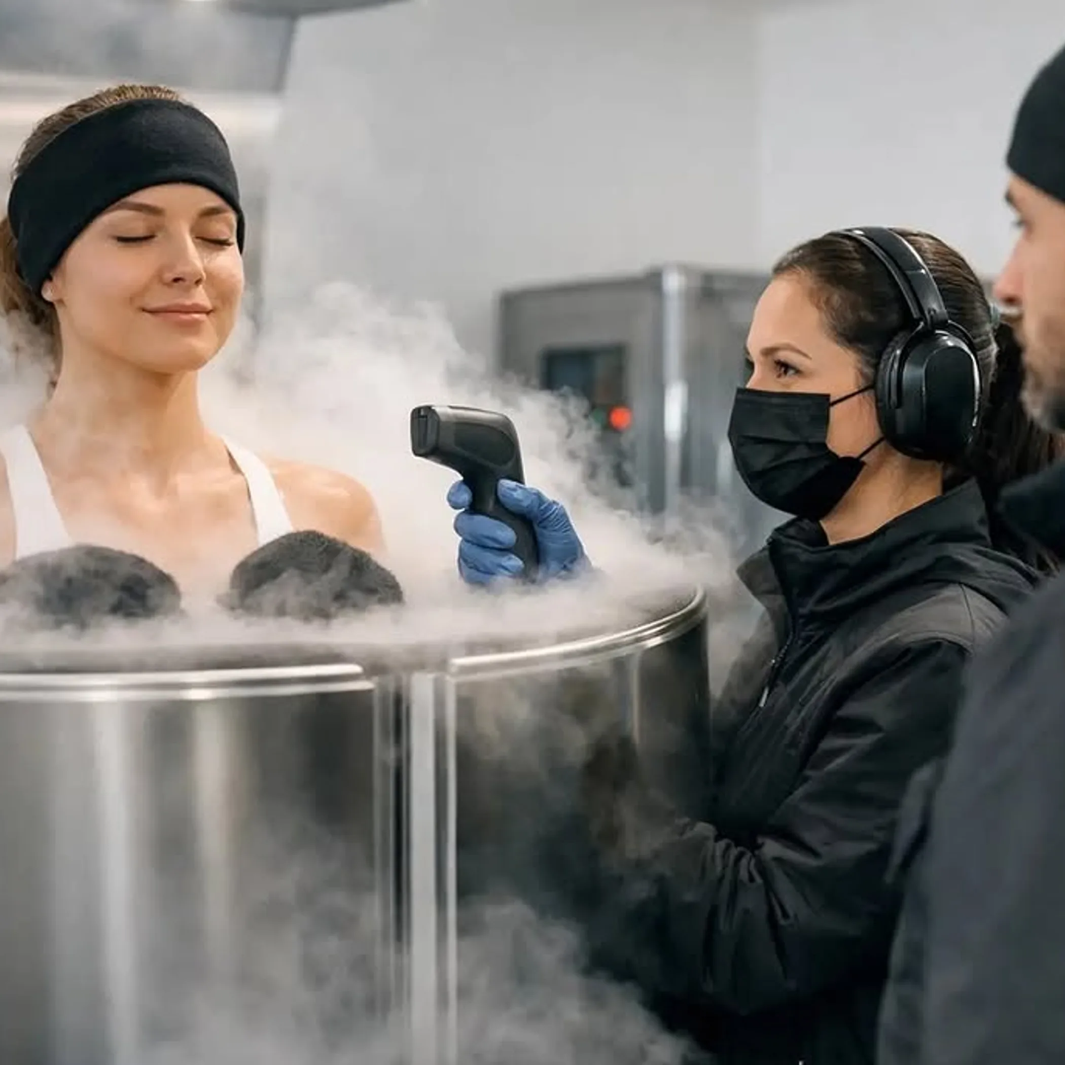 professional cryotherapy session with protective equipment