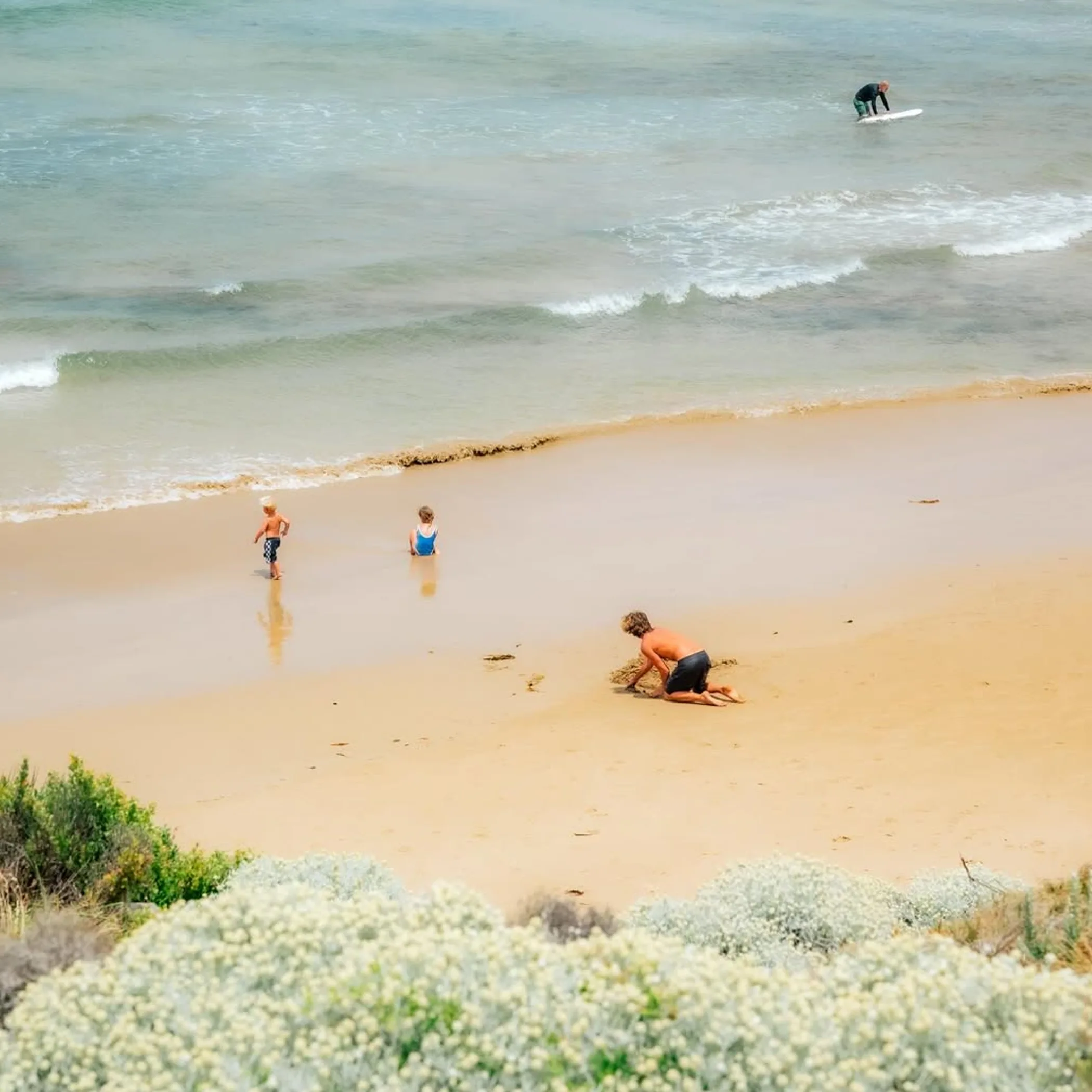 surf beach with surfers and beachgoers